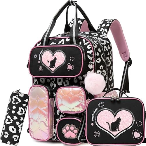 MYHSBYO Cute Cat School Backpacks for Girls Backpack with Lunch Bag for Elmentary Students Kids Travel Bookbag for Girls Age 612 Black