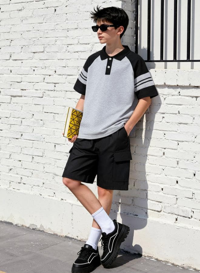 Boys Color Block Polo T-Shirt And Shorts Set