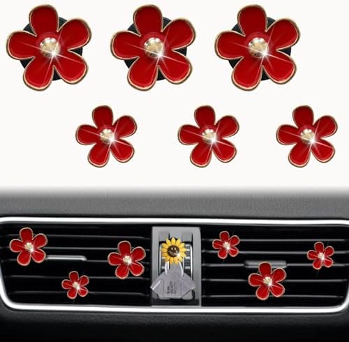 6 Pcs Red Cute Daisy Air Vent Clips Flower Outlet Clip Car Air Fresheners with Mask Hook for Car Interior Decoration Accessories Decor Charm Bling Car Accessories Decoration for Women
