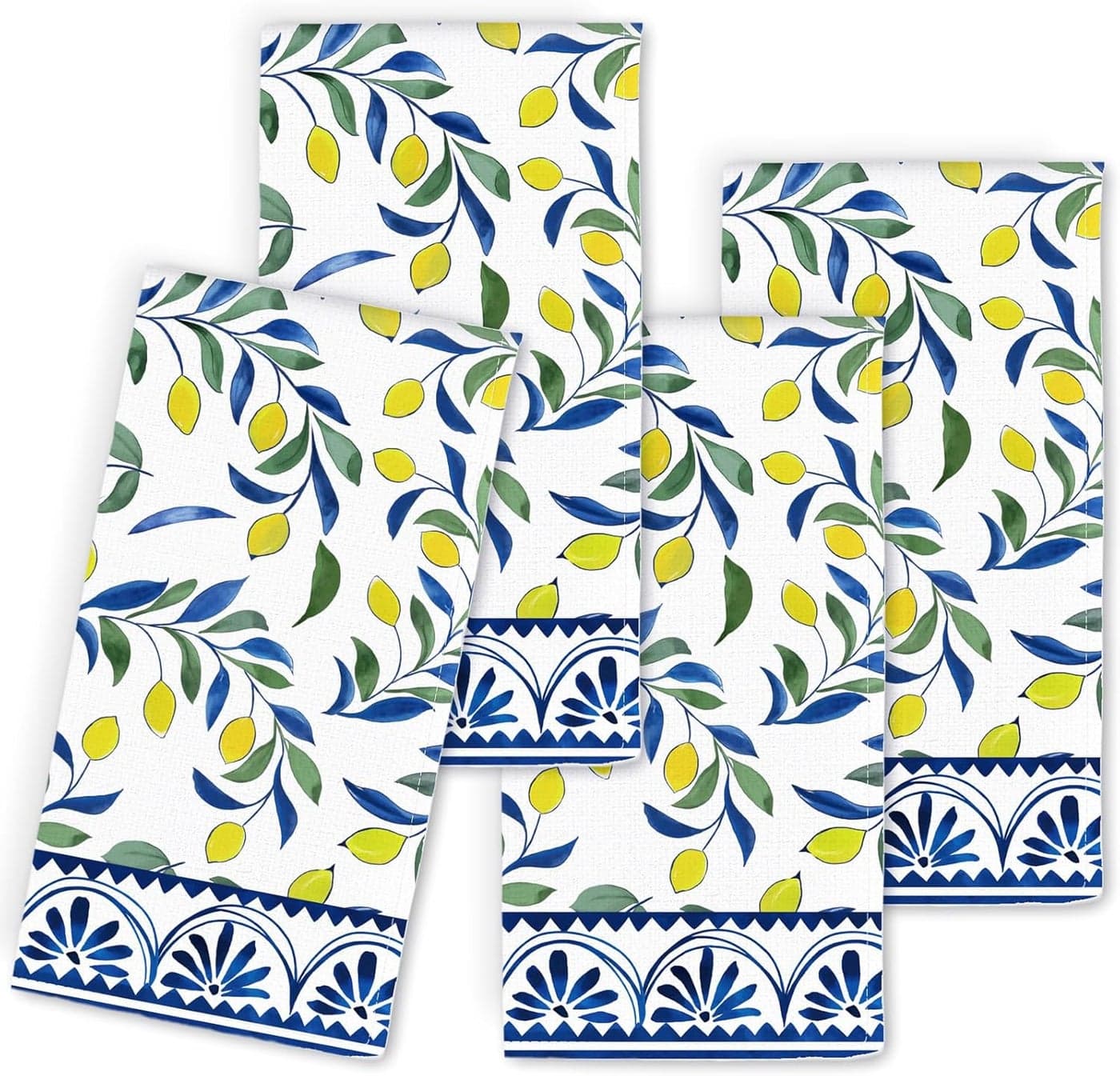 4Pcs Lemon Cloth Napkin Yellow Mediterranean Lemon with Blue Leaves Dinner Napkin Reusable Kitchen Top Collection for Spring Summer Dining Table 18 x 18 Inch