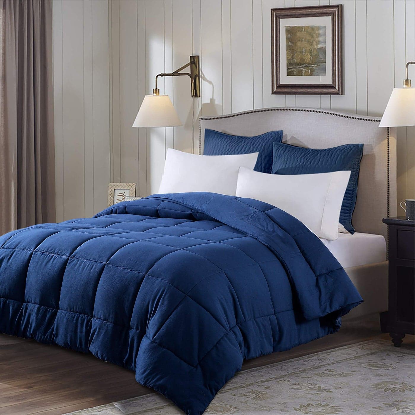 EVOLIVE All Season Pre Washed Soft Microfiber White Goose Down Alternative Comforter with Box Stitching Navy Twin