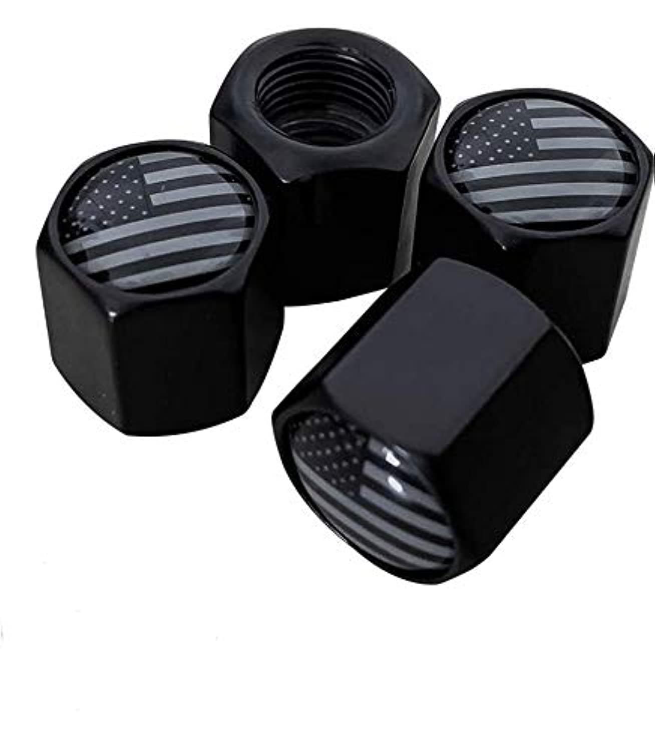 TACTILIAN American Flag Tire Valve Stem Caps 4 Pack Black Subdued Aluminum with Rubber ORing Air Leakproof Valve Caps Cover fits Cars Trucks Bikes Motorcycles Bicycles Tire Caps