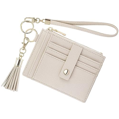 New Fashion Kingdom Wristlet Keychain Wallet for Women Slim Rfid Blocking Credit Card Holder Wristlet Zip Id Case Wallet Small Compact Leather Wallet Coin Purse for Women (Beige)