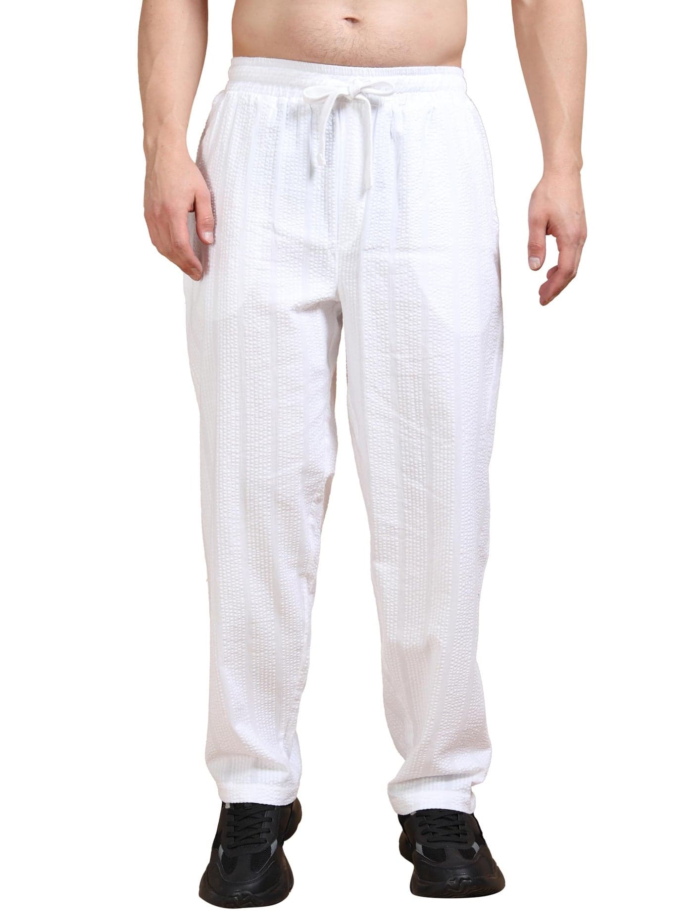 StitchX Men’s Airport Look Textured Seersucker Cotton Jogger Trousers Bright White M