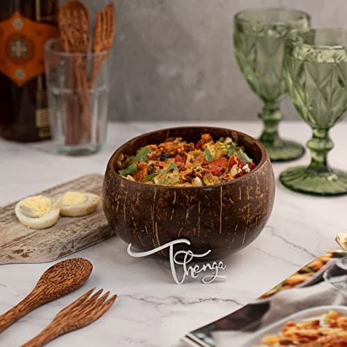 Thenga Artisan Jumbo Coconut Bowl – 900 ML | Eco-Friendly Handmade Bowl with Coconut Wood Spoon & Fork for Smoothies, Salads & Breakfast | Sustainable Natural Tableware – 3 Piece Set