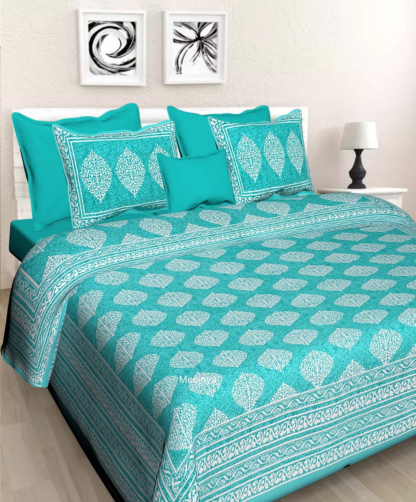 Meejoya 100% Cotton Rajasthani Jaipuri Traditional Double Bed Bedsheet with 2 Pillow Covers - Sea-Green, Queen Size