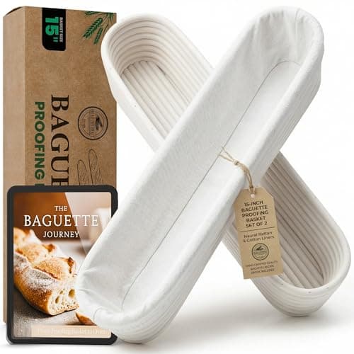 15 Inch Baguette Proofing Basket Set of 2 with Cotton Liners Baguette Recipe eBook Handcrafted Natural Rattan Banneton Bread Proofing Baskets for Sourdough French Bread Dough Rising
