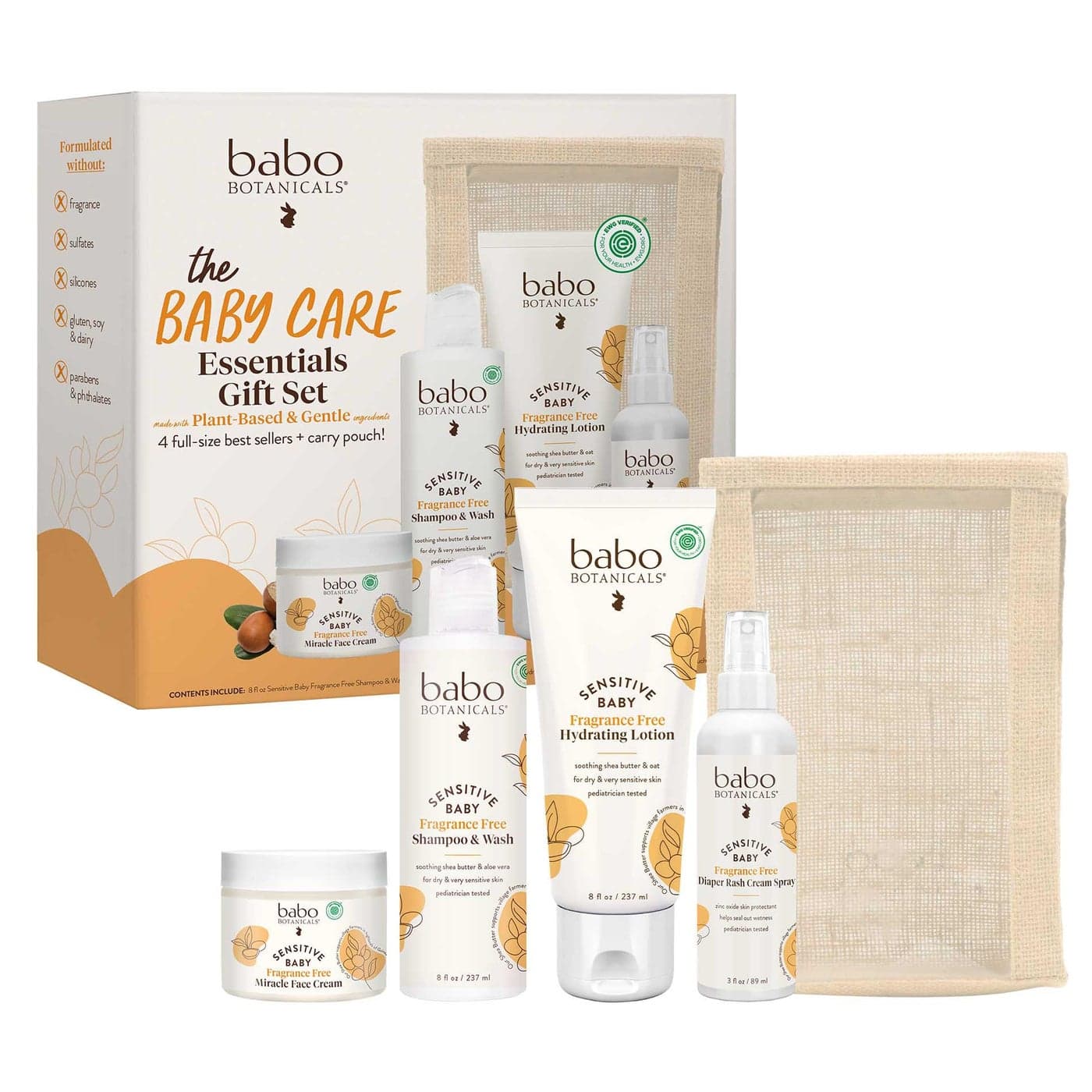 Babo Botanicals Baby Care Essentials Gift Set Skincare Bath Diaper For Delicate Skin FragranceFree with Shea Butter Includes Reusable Carry Pouch Natural Plant Based 5 Items Set
