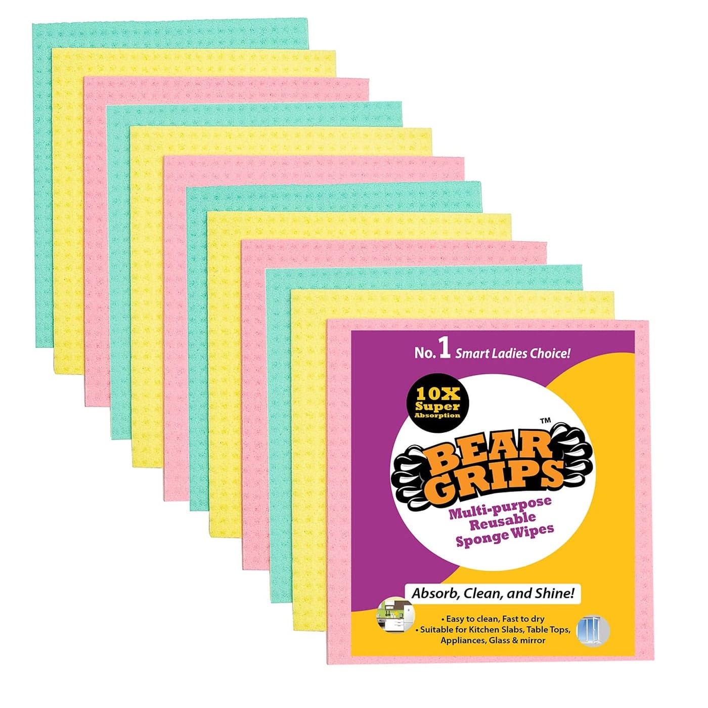 BEAR GRIPS resuable and Washable Sponge Wipes with Super absorbant Biodegradable Cellulose Material for Kitchen and Home Cleaning Multicolored Pack of 12