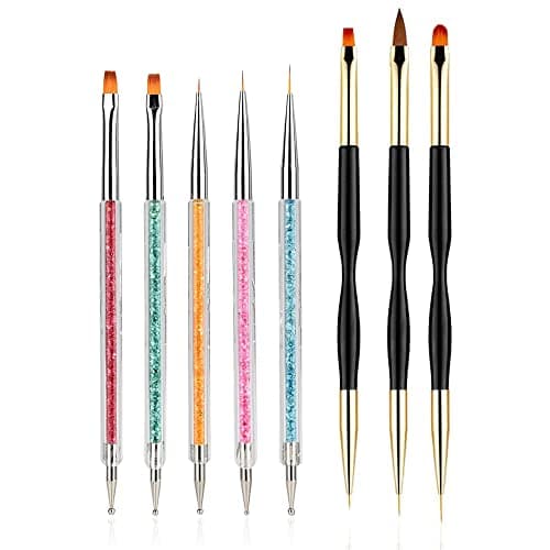 FULINJOY 8PCS Nail Art Brushes DoubleEnded Brush and Dotting Tool Kit Dual End Nail Art Pen Brush Acrylic Round Flat Painting Drawing Liner Nail Tools