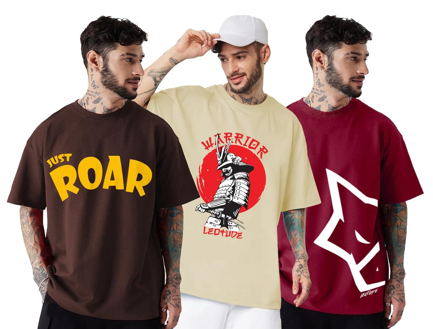 LEOTUDE Men Cotton Oversized Half Sleeve Round Neck T-Shirt (PO3_FS49_BSD_SUL_LSNLS_P_Beige, Maron_XXL)