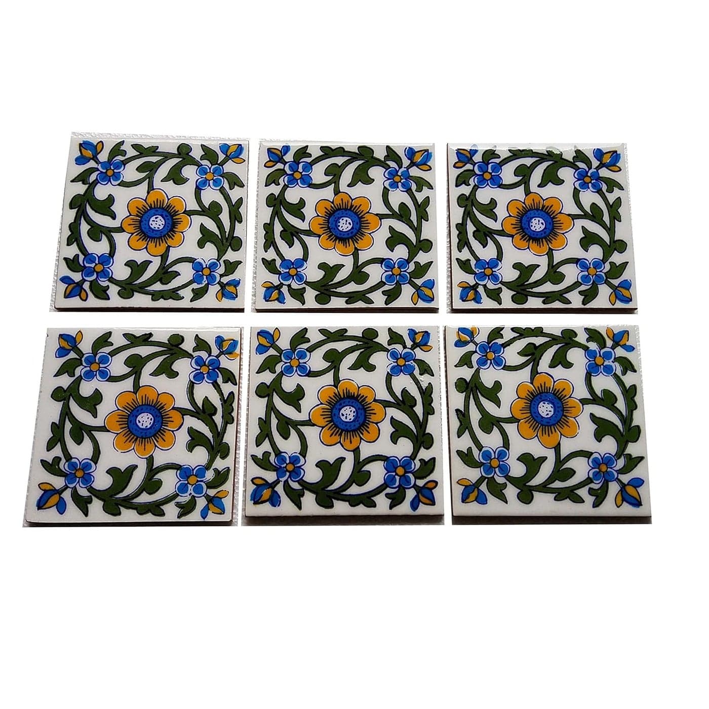 Shiv Kripa Blue Pottery Home Decorative Ceramic Wall Hanging Tile Design Flooring Tiles Floral Kitchen Washroom Mosaic Furniture Tile Handmade Backsplash 4 x 4 Inches Tile Pack of 12 Tile Multi