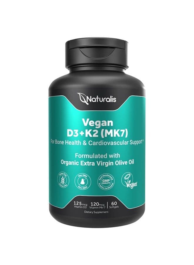 Vegan Vitamin D3 + K2 from Algae | 5000iu Vitamin D with 120mcg MK7 Vitamin K | Vegan Society Certified, Sustainably Sourced, Better Than Animal Derived | 60 Veggie Softgels