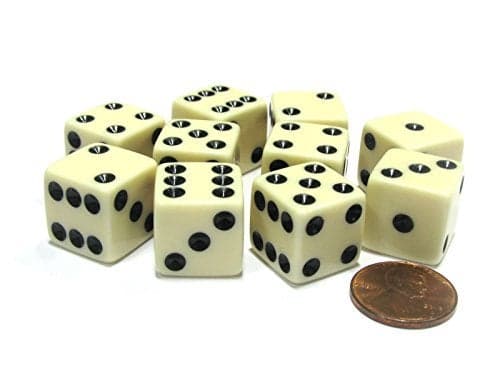 Set of 10 Six Sided Square Opaque 16mm D6 Dice Ivory with Black Pip Die by Koplow Games