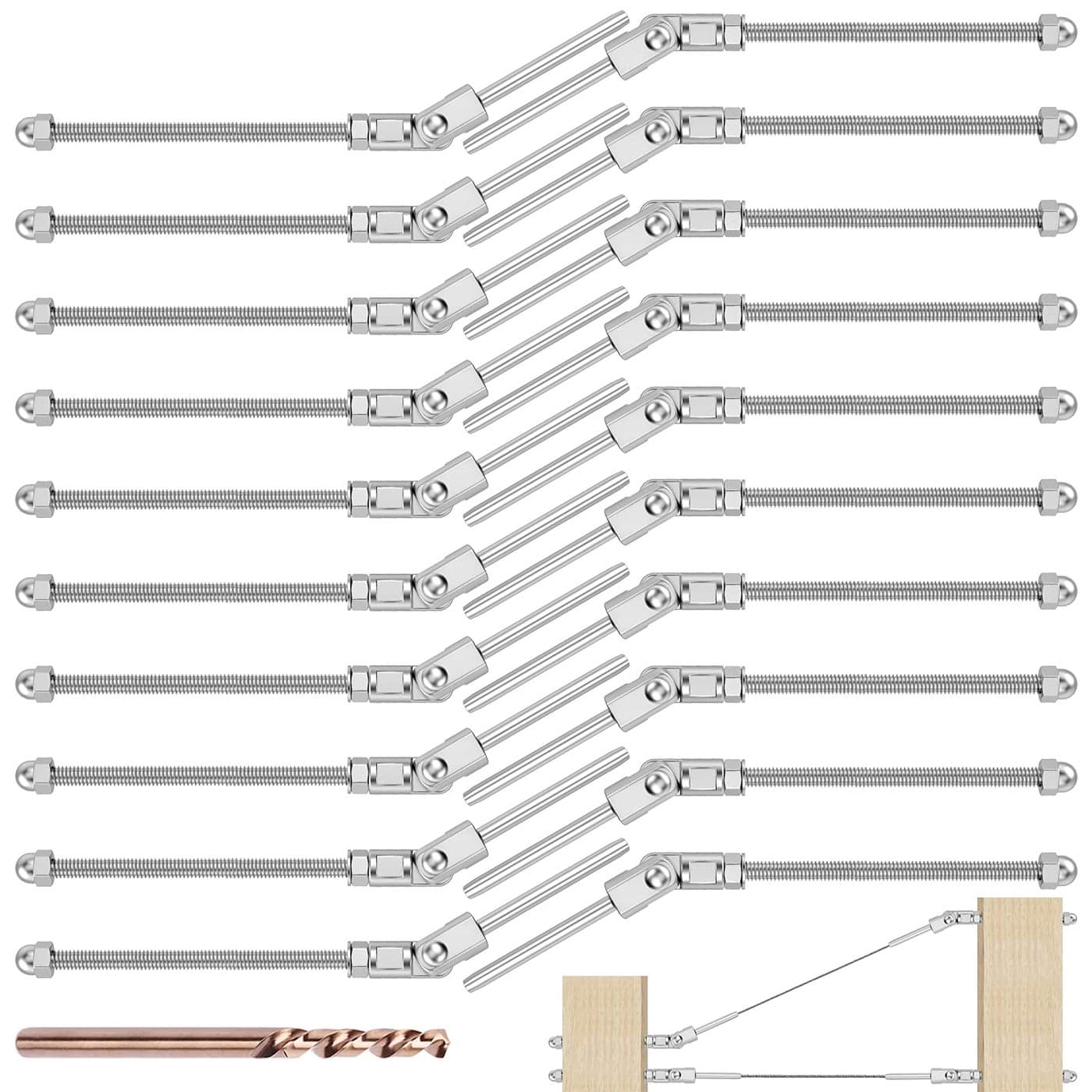 PatentCKE 20 Pack T316 Stainless Steel 180 Adjustable Angle Cable Railing Swage Threaded Stud Tension End Fitting Terminal for 18 Wire Rope Cable Railing Kit Hardware for 2x2 4x4 6x6 Wood Post