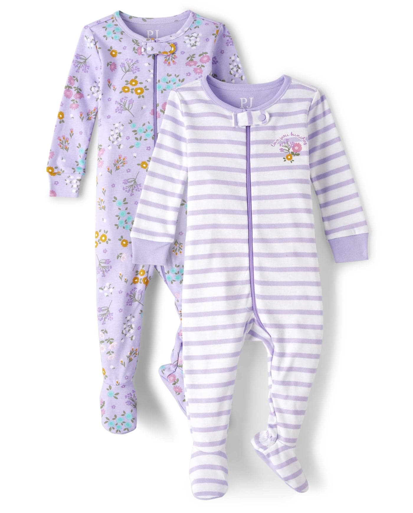 The Childrens Place Baby Girls and Toddler Long Sleeve ZipFront One Footed Pajama Snug Fit 100 Cotton 2 Piece Set Cute Floral 03 Months
