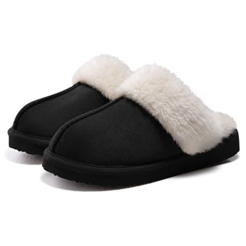 Litfun Women's Fuzzy Memory Foam Slippers Fluffy Winter House Shoes Indoor and Outdoor, Black 10.5-11