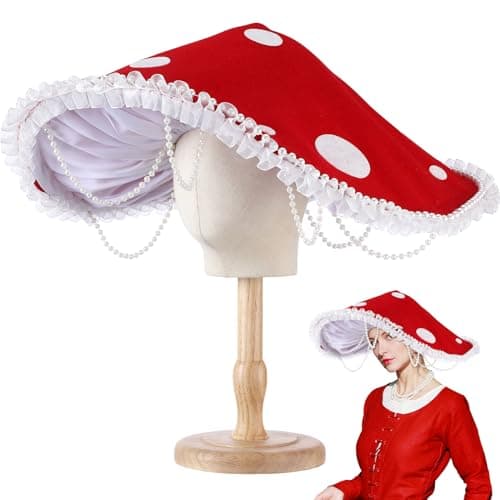 Croloose Mushroom Hat Renaissance Medieval Costume Cosplay Halloween Victorian Fairy Accessories with Bead Lace Brim Cap(Red)
