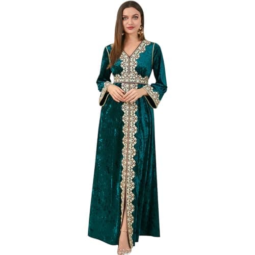 ODIZLI Women's Dark Green Velvet Muslim Dress Long Sleeve V Neck Embroidered Dubai Abaya Kaftan Elegant Modern Modest Style Ramadan Party Dress M-XXL