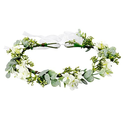 WOVOWOVO Green Leaf Crowns For Girls Women, Bridal Flower Crown Bride Hair Accessories Bohemian Floral Crown Eucalyptus Headband With Ribbon For Wedding Birthday Vacation Party Festival Photo Prop