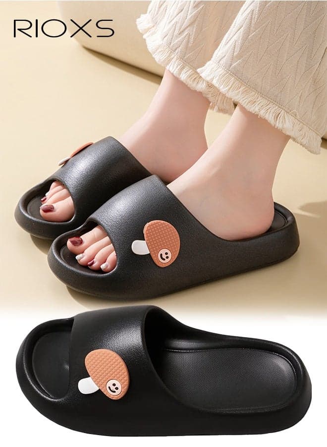 Women's Slippers, Adorable Cartoon Slides Open Toe Cloud Slippers, Confortable Thick-soled Room Slippers, Non-Slip Quick Drying Shower Slipper for Womens, Soft Lightweight Bathroom Slip-ons, Ladies Indoor Outdoor Footwear for Spa Bath Pool Gym Travel, Black Slippers
