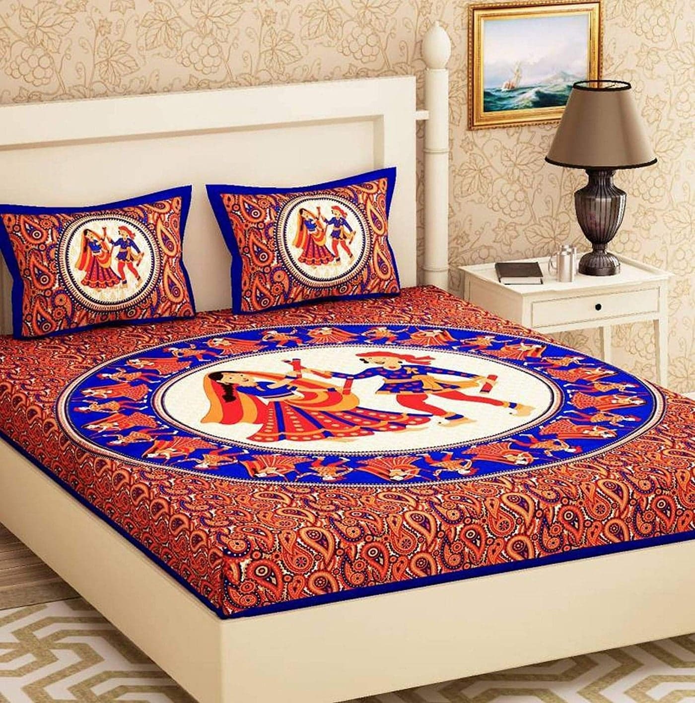 Bed Zone 100 Cotton Rajasthani Tradition King Size Double Bedsheet with 2 Pillow Cover