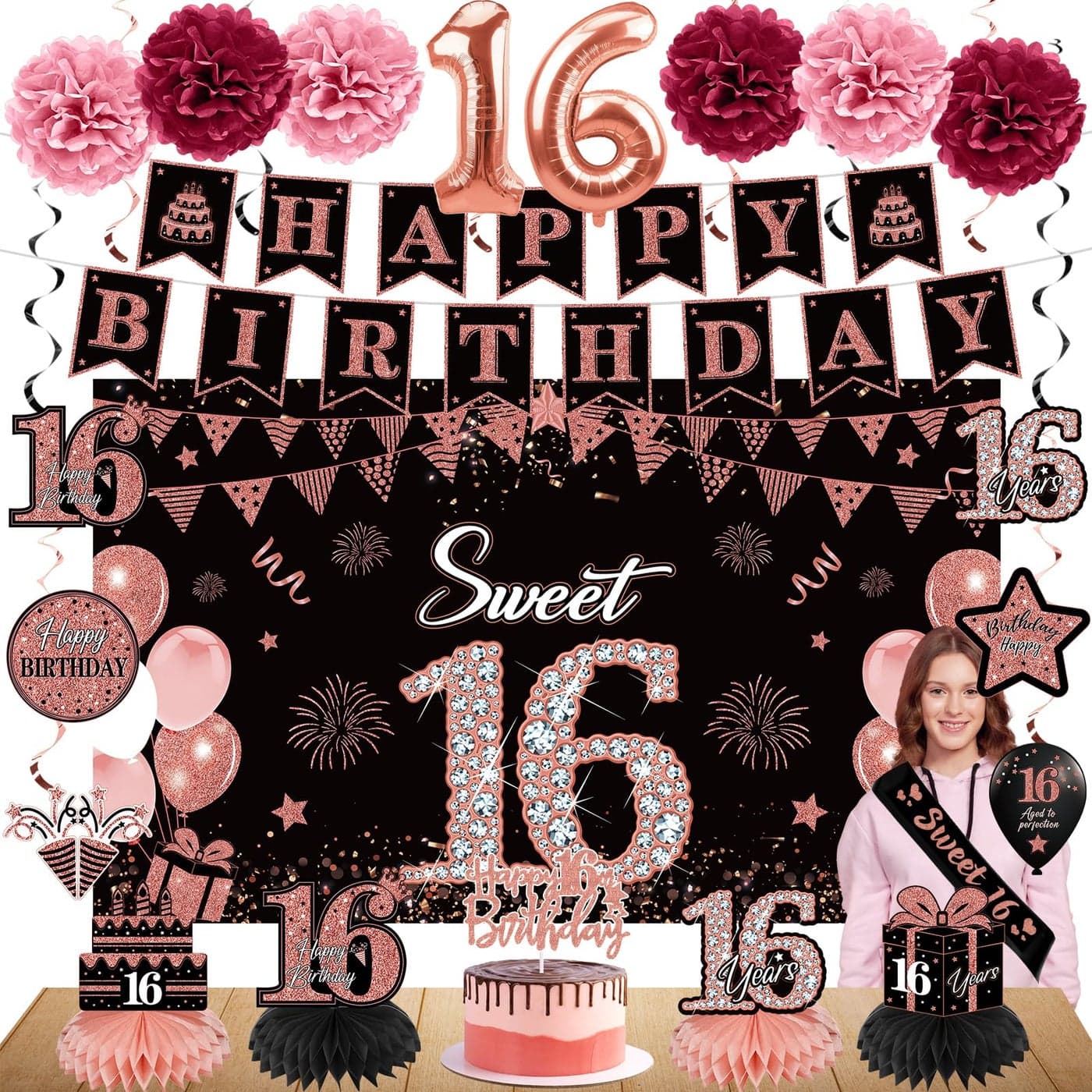 Eucutur 42PCS 16th Birthday Party Decoration Kit for Girls Rose Gold Happy 16th Bday Banner Balloon Honeycomb Centerpiece Swirl Paper Pompom Party Supplies 16 Bday Sash Table Cake Topper Swirl