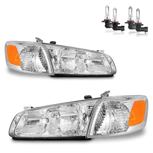 KarSpareHub Headlights Assembly for 2000-2001 Toyota Camry CE LE XLE Headlamp Replacement with Amber Corner Lamps, Chrome Housing Amber Reflector Pair Set