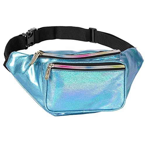 Holographic Fanny Pack Belt bag - Crossbody Waist Bag for Men or Women - Hands-Free, Waterproof Large Bumbag for Hiking, Running, and Travel (Blue Glitter)