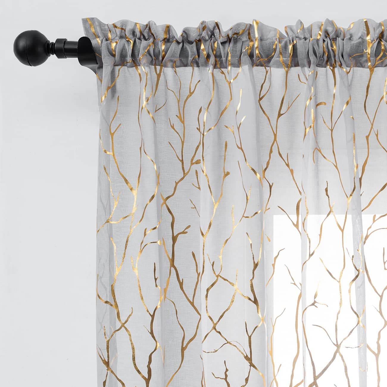 FINECITY Gold Grey Sheer Curtains 96 Inches Metallic Gold Foil Tree Branch Curtains Rod Pocket Privacy Voile Drapes for Living Room 52 x 96 Inch 2 Panels Gold and Gray