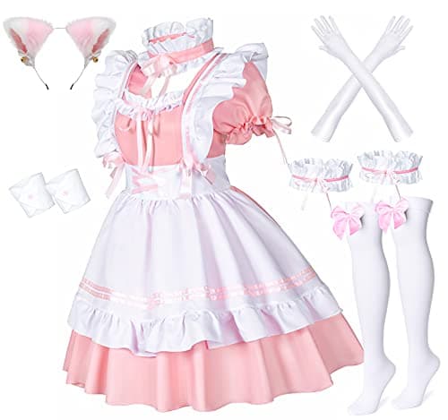 Anime French Maid Apron Lolita Fancy Dress Cosplay Costume Furry Cat Ear Gloves Socks SetPink L