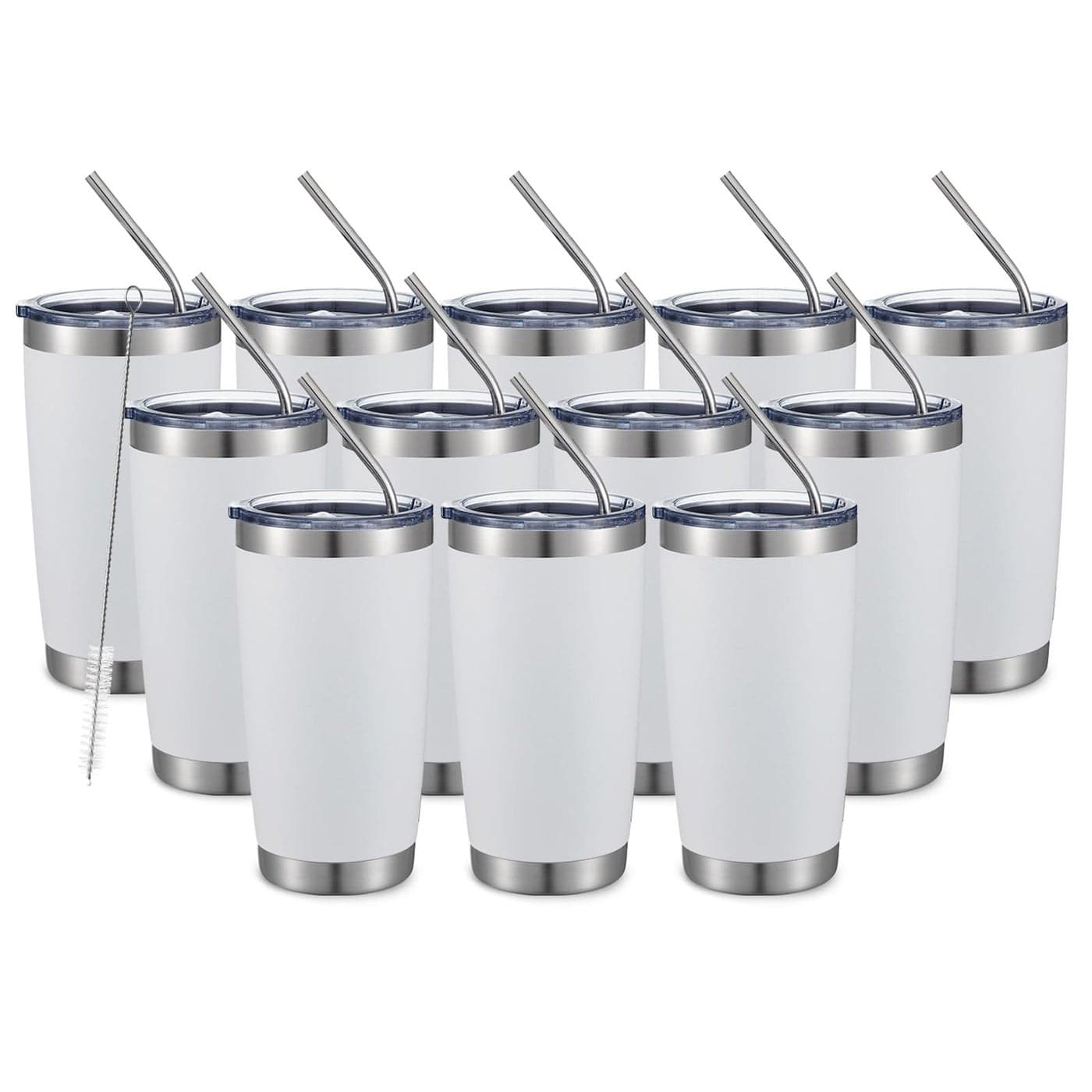 COMOOO 20oz White Tumbler Double Wall Vacuum Insulated Travel Mug Stainless Steel Coffee Mug with Lid and Straw Durable Powder Coated Insulated Coffee Cup for Cold Hot Drinks White12 pack