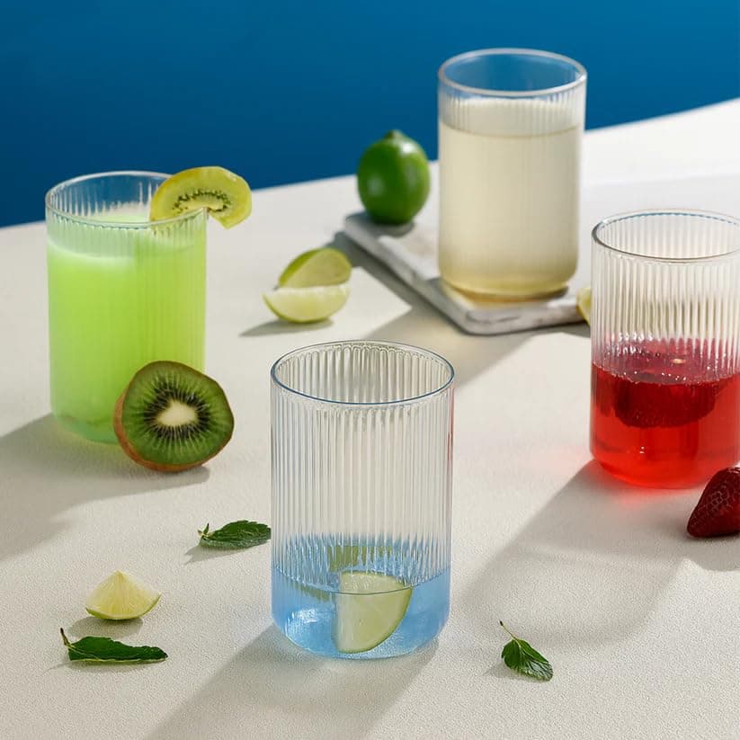 SUPERMOM Plastic Glass Set of 6 – Transparent Casa Glass, Unbreakable Tall Ribbed Glasses for Water, Juice, Cocktails, Mocktails & Beverages, Reusable and Easy to Clean, Everyday Drinkware (300 ml)