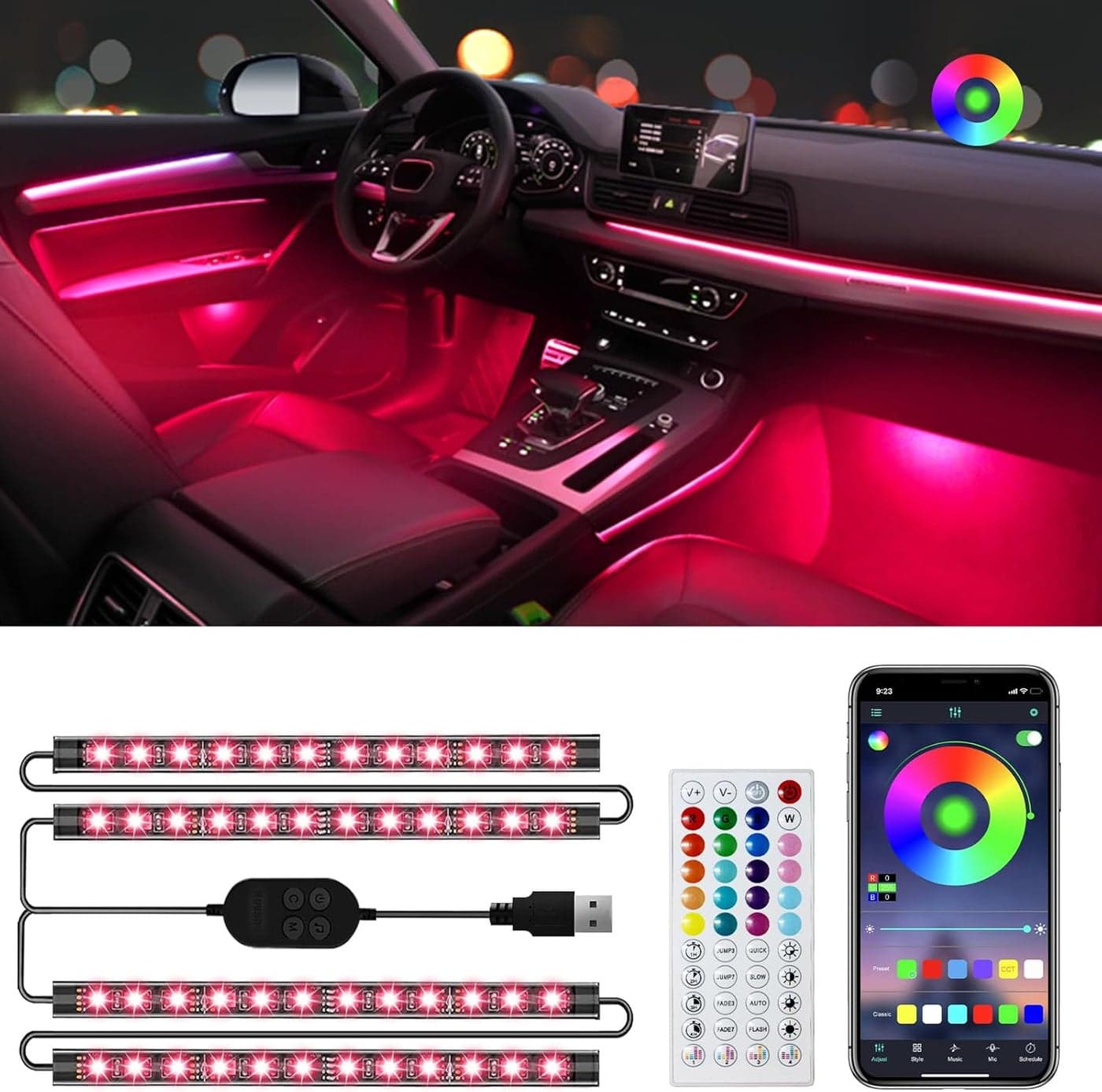 Hovano LED Car Lights with APP Control, RGB Interior Lighting, 48 LEDs, USB Powered