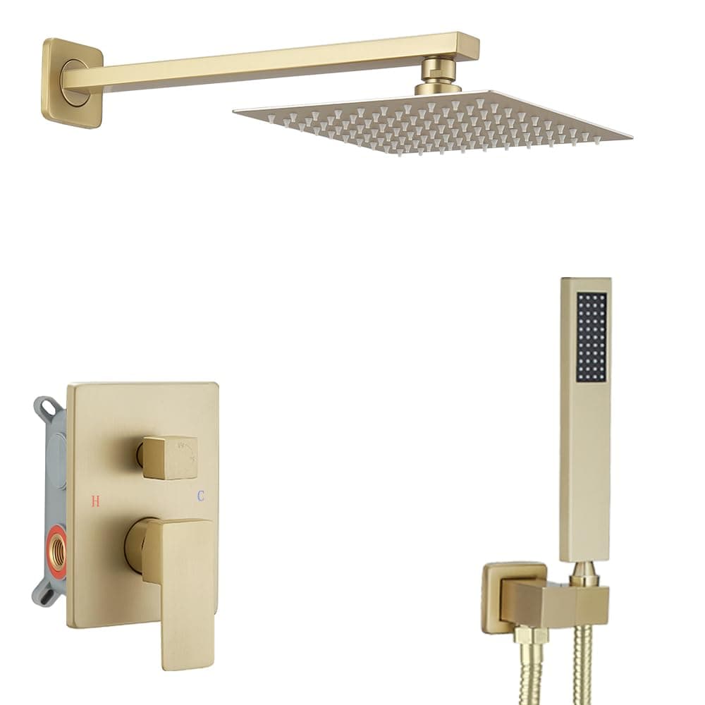 Heable Brushed Gold Shower System Bathroom Luxury Rain Mixer Shower Combo Set Wall Mounted Rainfall Shower Head System Shower Faucet Roughin Valve Body and Trim Kit