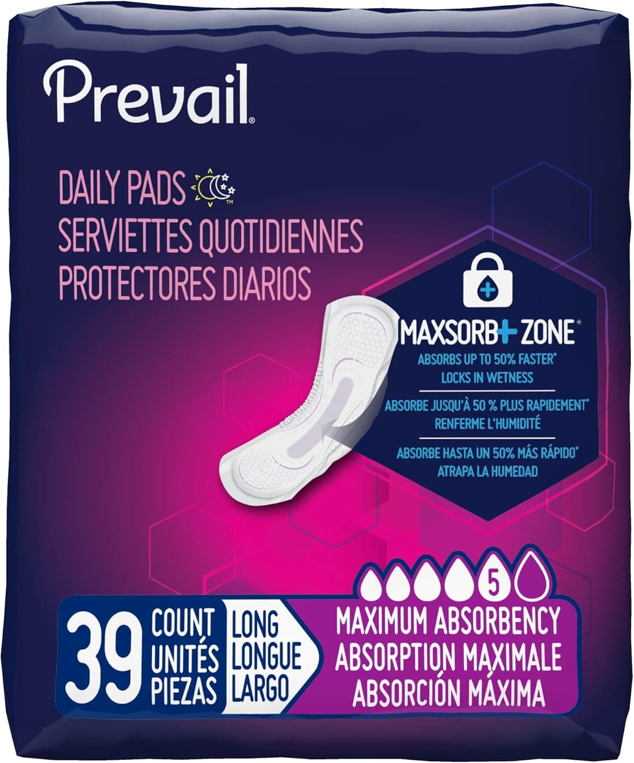 Prevail Incontinence Bladder Control Pads for Women, Maximum Absorbency, Long Length, 39 count