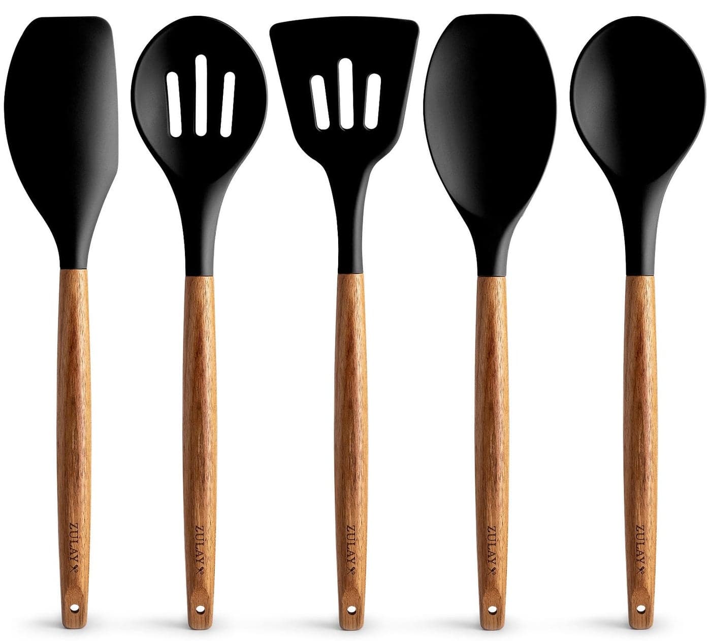 Zulay Kitchen NonStick Cooking Utensils Set with Authentic Acacia Wood Handles 5Piece Durable Stylish Silicone Kitchen Utensils Set Heat Resistant to 464F Black