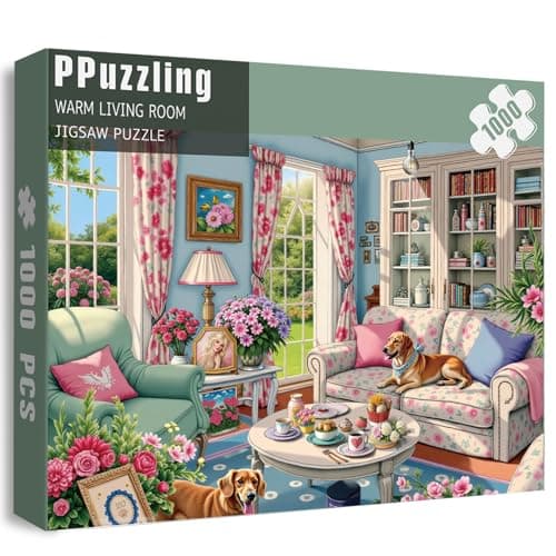 Living Room Puzzle 1000 Pieces for Adults Flower Dog Jigsaw Puzzle Challenging Floral Room Puzzle as Wall Decor