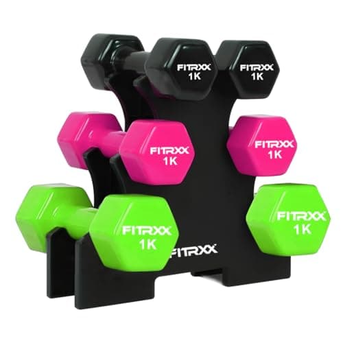 FITRXX Vinyl Dumbbells With Stand | Men and Women | Non-Slippery Dumbbell for Home and Gym | Full Body Workout (Multicolor New, 6 Kg)