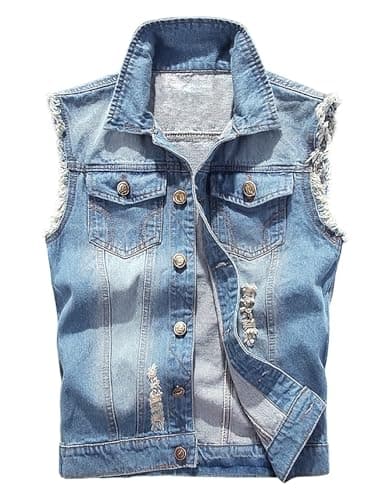 LONGBIDA Men's Denim Vest Casual Slim Fit Sleeveless Jacket Vintage Ripped Summer Jean Vests, Light Blue, M