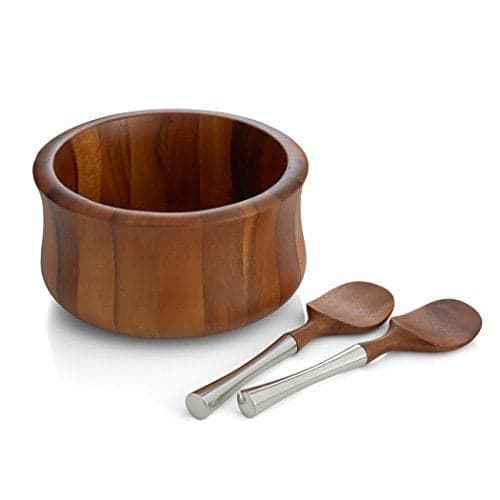 nambe Nara Salad Bowl with Servers | 3-Pc Set | Wooden Salad Bowls with Serving Utensils | Big Mixing Bowl for Fruits, Salad, Pasta | 10.5" Diameter x 5.5" Height | Made of Acacia Wood