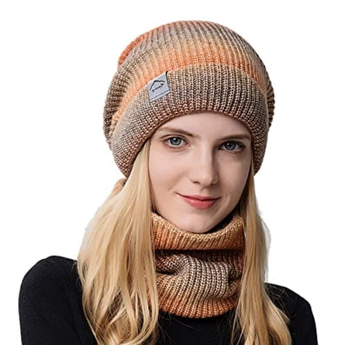 GUSTAVE® Orange Winter Caps for Women,Fleece Lined Womens Beanie Cap Hat with Neck Scarf, Knitted Warm Winter Hat Neck Warmer Scarf Mask Set