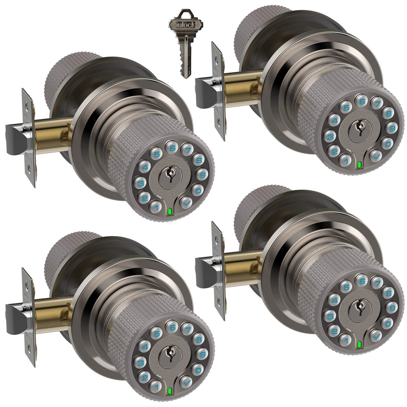 iulock Smart Door Knob with Keypad and KeyKeyless Entry Door Lock with Rubber Grip Auto Lock50 User CodeWaterproof Easy to Install and Program for BedroomStain Nickel Same Key 4 Pack