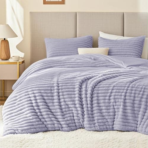 EXQ Home Fluffy Comforter Set Queen Size Super Soft Faux Fur Stripe Jacquard Comforter 3 Pieces Purple Fleece Bedding SetWinter Warm Bed Set1 Comforter with 2 Pillowcases