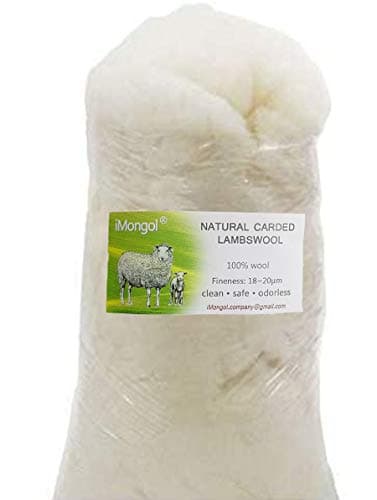 iMongol- Carded Lambs Wool Stuffing Batting for Needle Felting, Knitted Toys, Crafts, Bright Creations, Pillow Filler, Stuffed Animals, Cushions,Super Clean Fine, Natural White(1oz, Combed Wool)