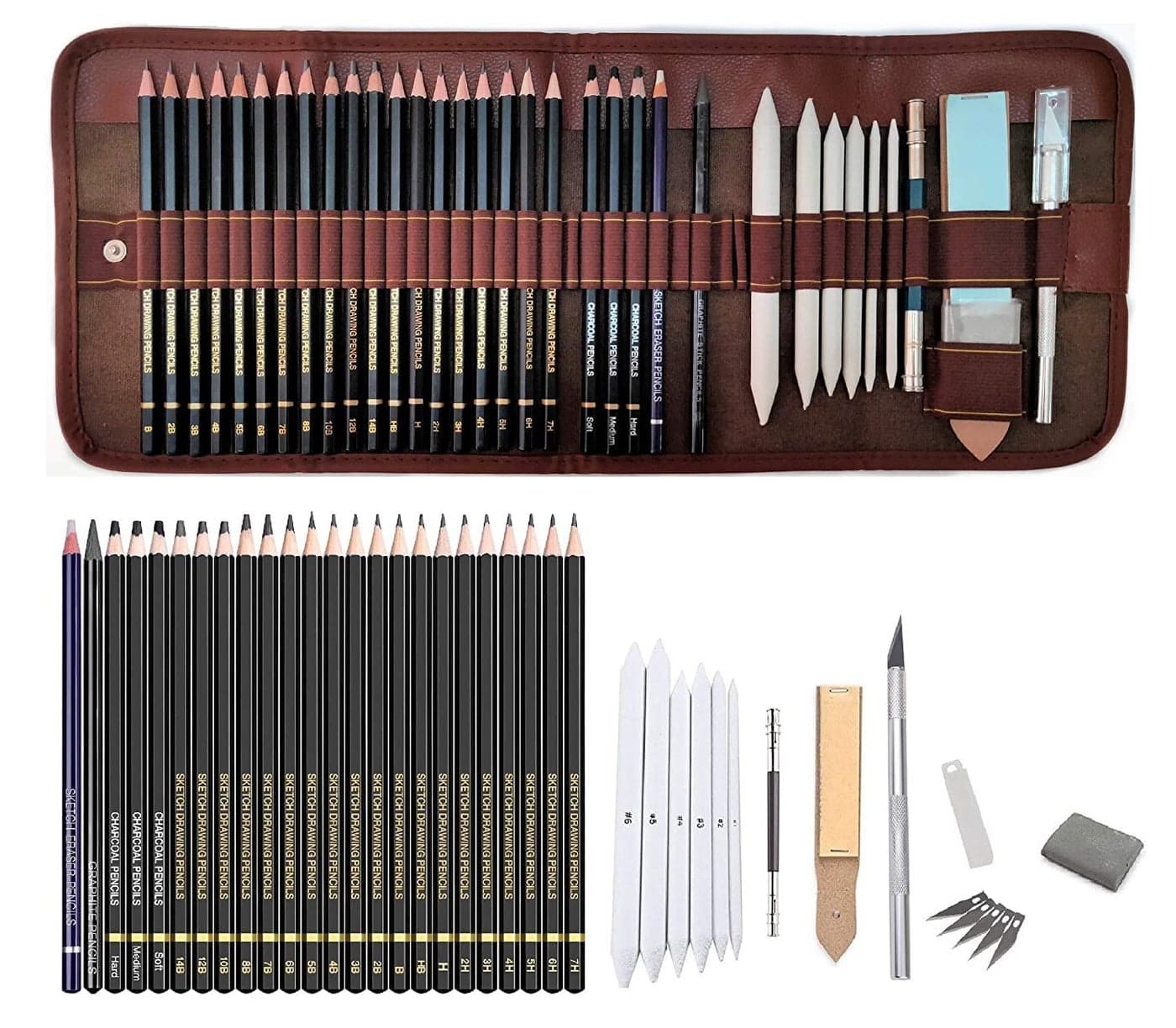 Art Ranger Art Sketching Kit Graphite Charcoal Drawing Pencil Set For Artist Kit Painting Shading Sketch Kit For KidsAdults With RollUp Case35 PcsContainsGraphite Pencil Charcoal PencilWoodless GraphiteEraser PencilPaper StumpPencil ExtenderSand Paper Kneadable EraserDetail Knife