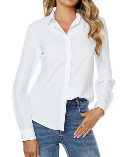 jonivey Womens Stretch Button Down Long Sleeve Shirt Soft Basic Wrinkle Free Work Business Formal Casual Blouse (White,XL)