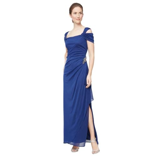 Alex Evenings Women's Long Cold Shoulder Mother of The Bride Dress with Beaded Detail at Hip, (Petite and Regular Sizes), Beaded Electric Blue, 16