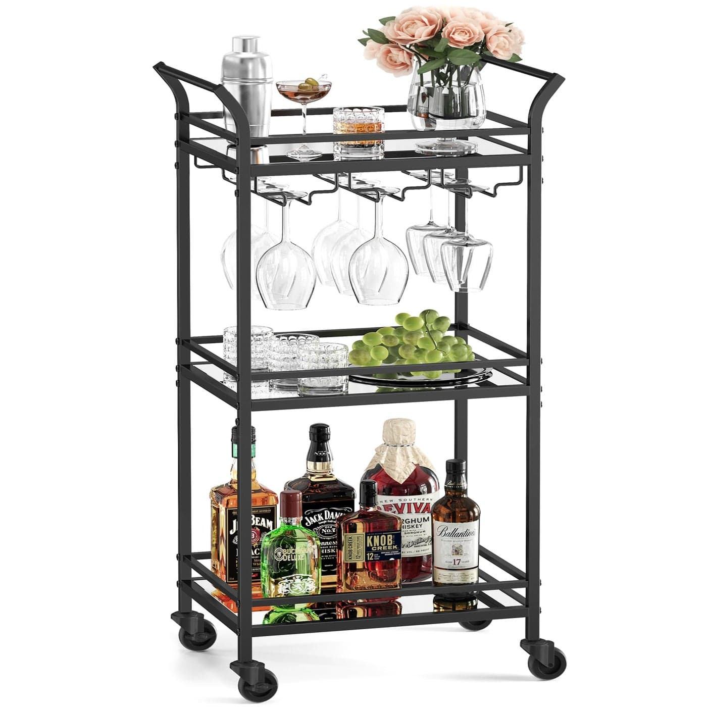 VASAGLE Small Bar Cart with 3Tier Shelf Wine Glass Holders Mini Bar Cart for Small Spaces Kitchen Dining Room Living Room Ink Black
