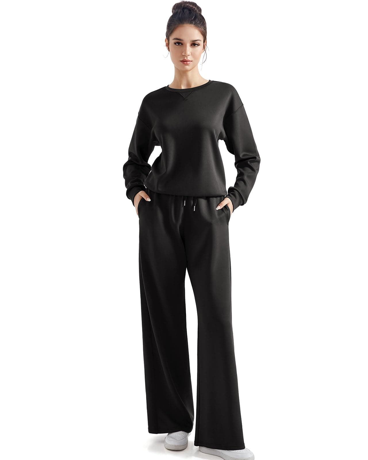 SUUKSESS Women Modal 2 piece outfits Oversized Sweatshirt Fall Lounge Set Wide Leg Pants Matching Sets (Black,M)